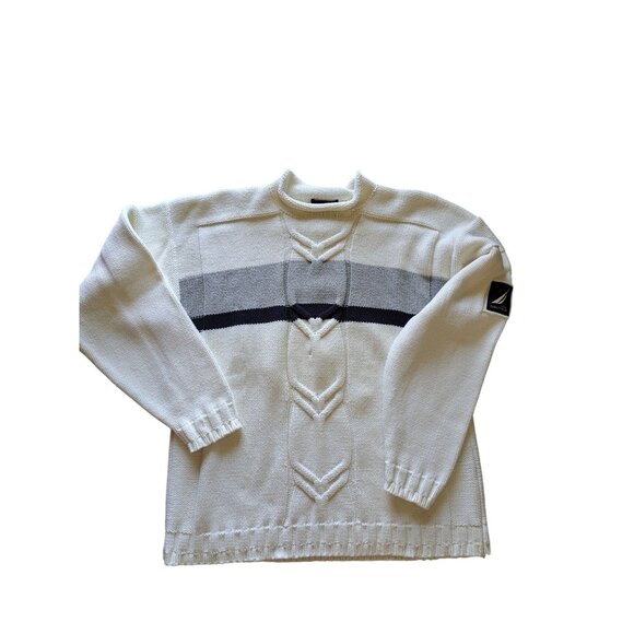 Nautica Other - NAUTICA NS-83 Mens Cotton Sweater White Gray Stripe Chevron Knit Roll Neck L